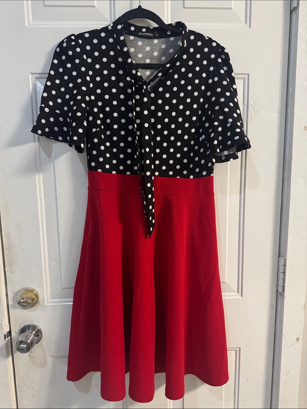 Rampage Black & White Polka Dot Bodice with Red Fit-and-Flare Dress
